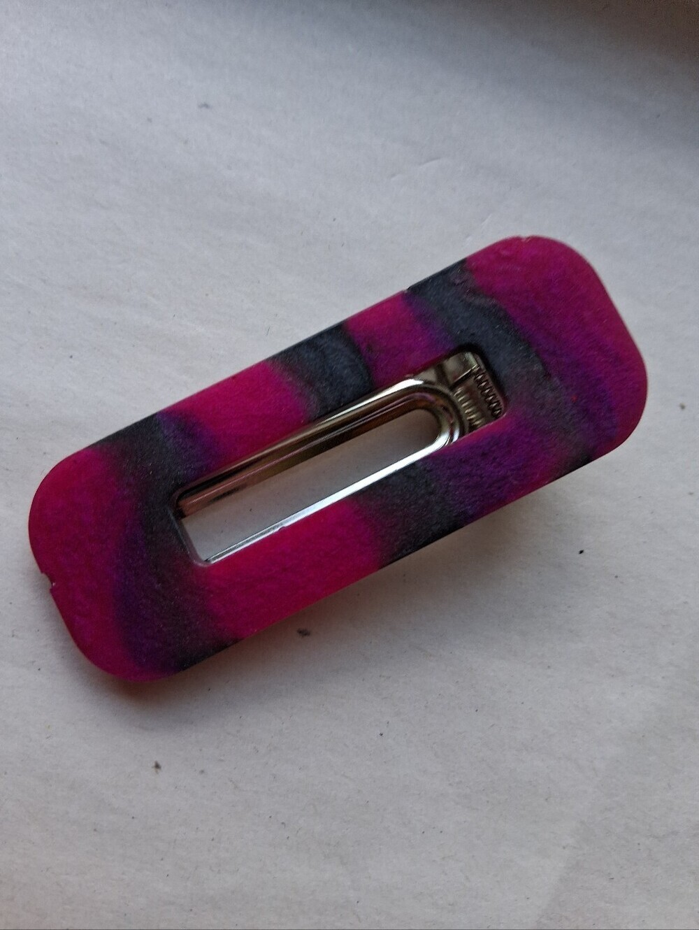 5/$25 Hand Crafted Fuchsia and Black Resin Rectangle Hair Barrette